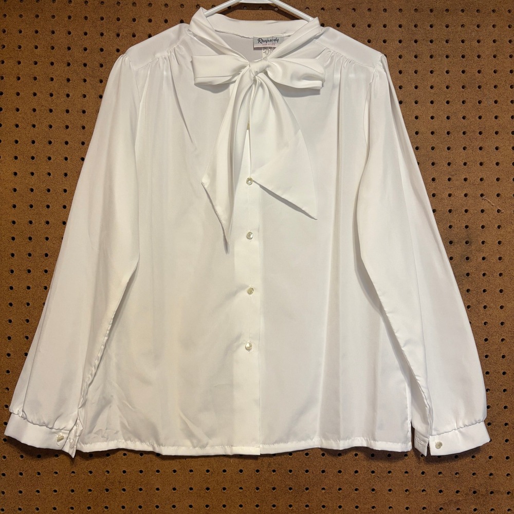 Rhapsody Blouse 36 White Vintage Tie Neck Bow Button Up Made in USA Secretary
